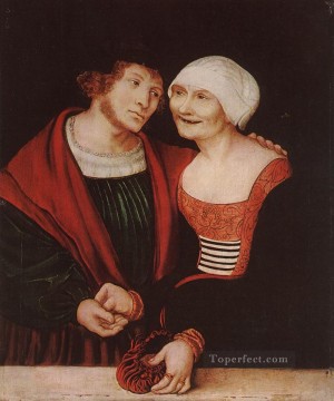  Cranach Oil Painting - Amorous Old Woman And Young Man Renaissance Lucas Cranach the Elder